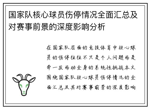 国家队核心球员伤停情况全面汇总及对赛事前景的深度影响分析 国家队核心球员伤停情况全面汇总及对赛事前景的深度影响分析
